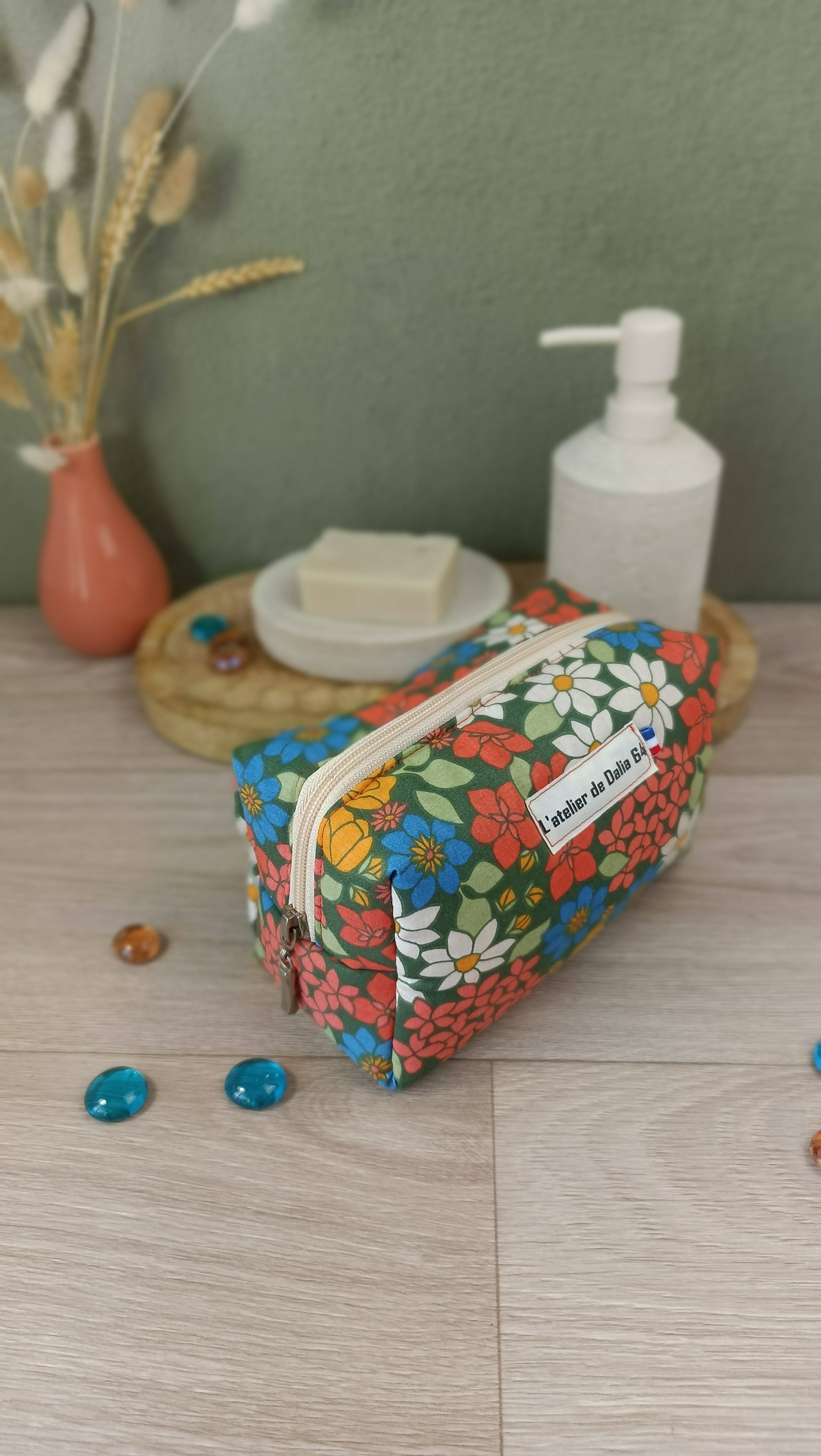 Trousse maquillage molletonnée et accessoires assortis - Fleuri orange vert