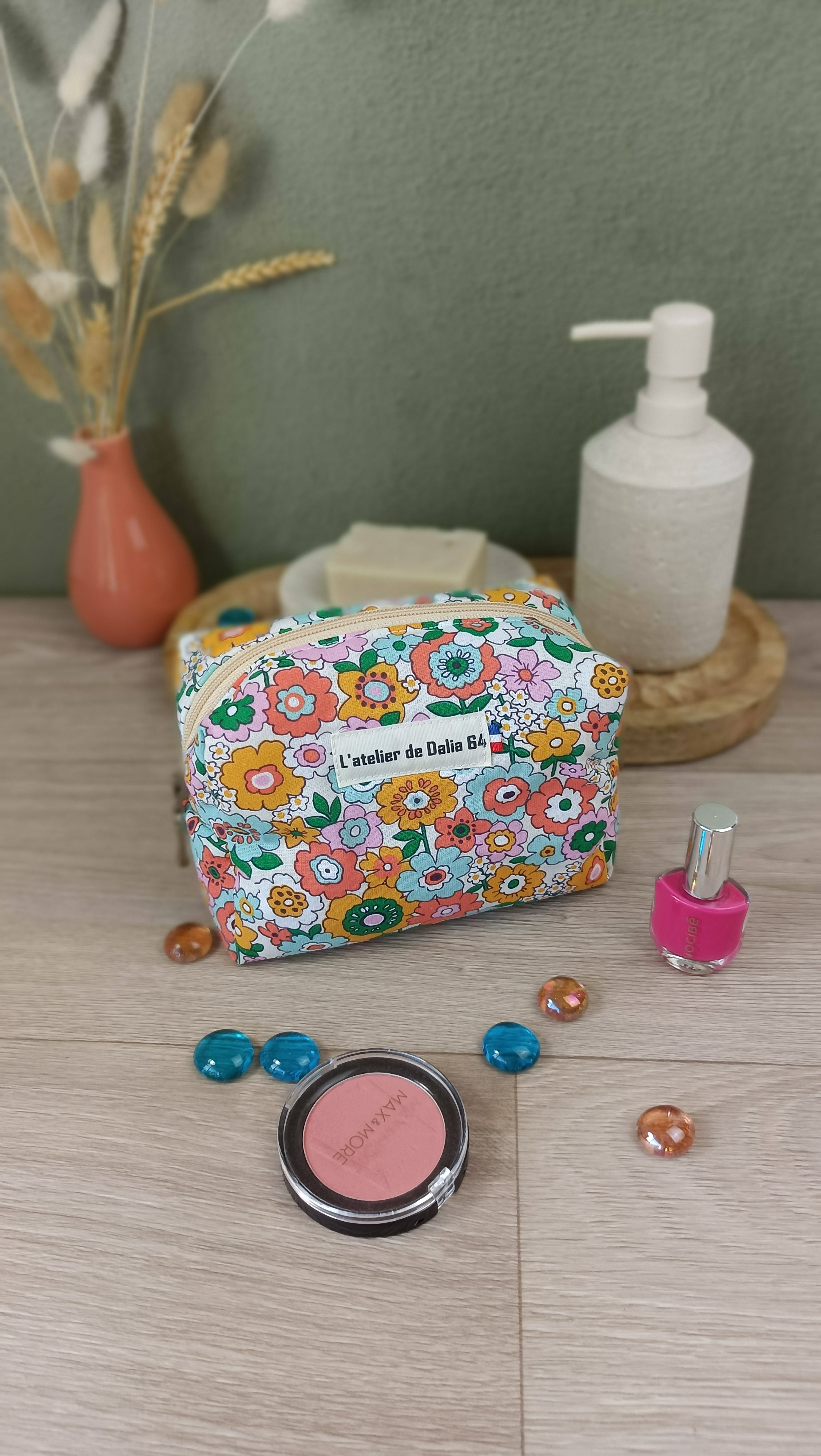 Trousse maquillage molletonnée et accessoires assortis - Fleurs rétro- ivoire rose