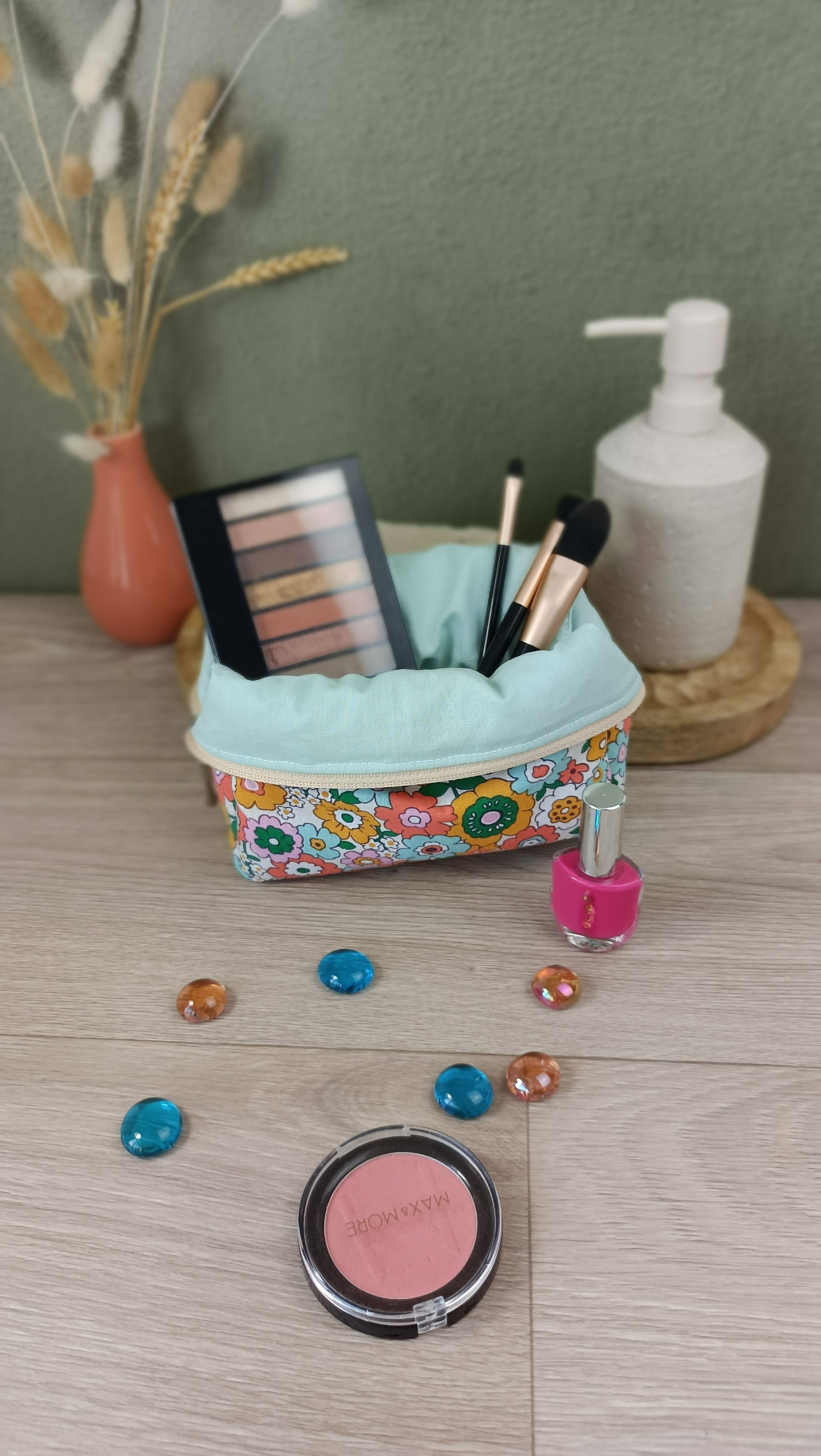 Trousse maquillage molletonnée et accessoires assortis - Fleurs rétro- ivoire rose