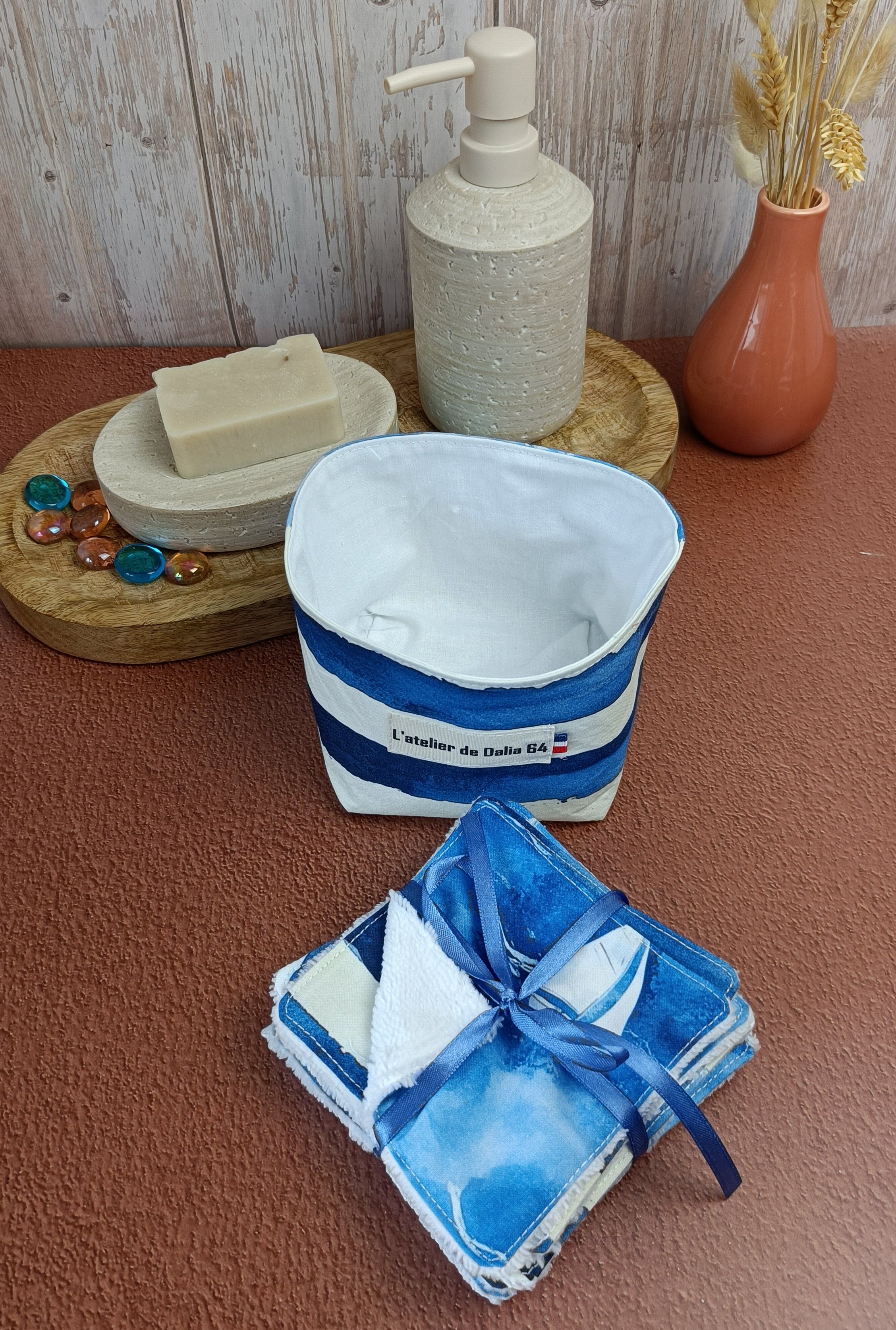 Lingettes lavables et sa panière assorti - Collection Riviera