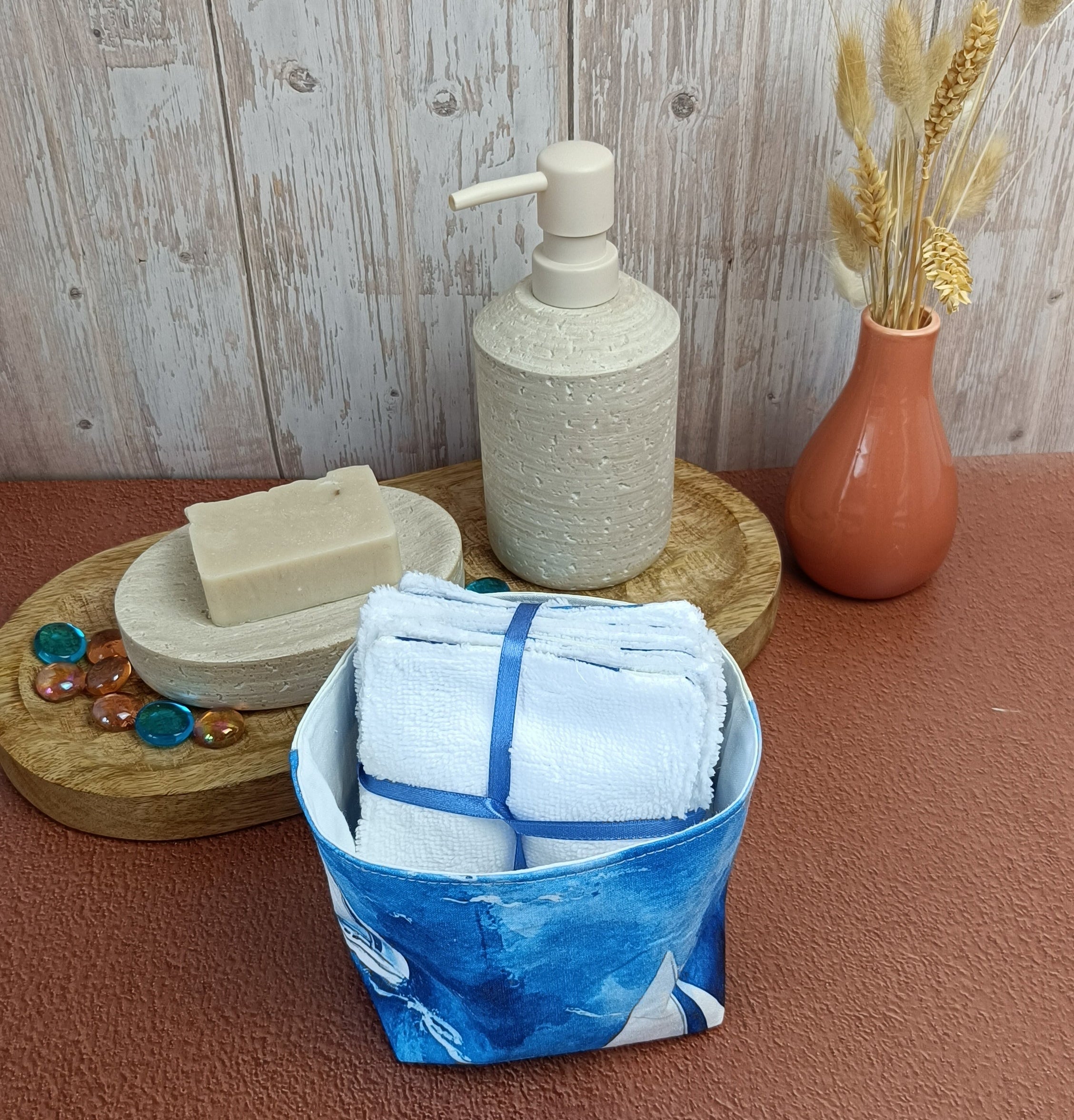 Lingettes lavables et sa panière assorti - Collection Riviera
