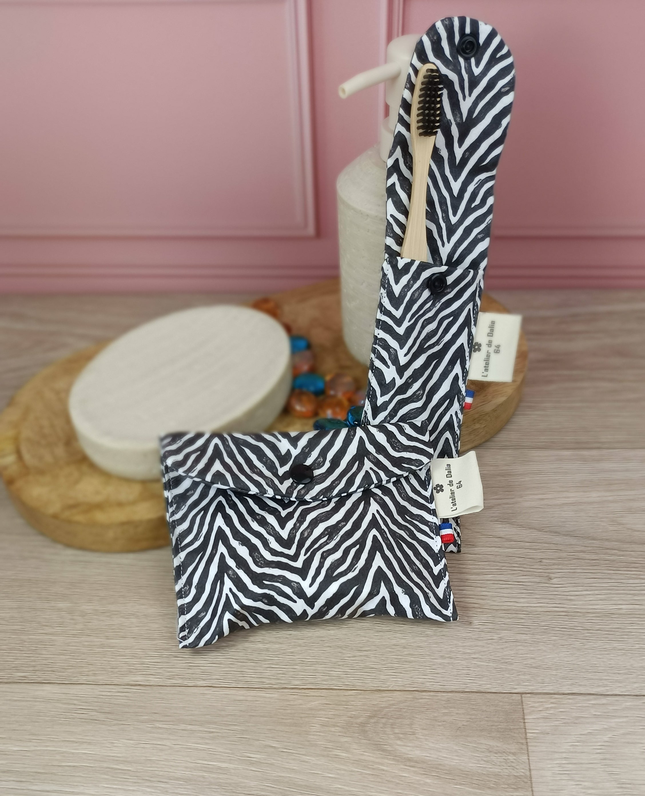 Étuis à brosses à dent et pochettes à savon lavables - motif zèbre