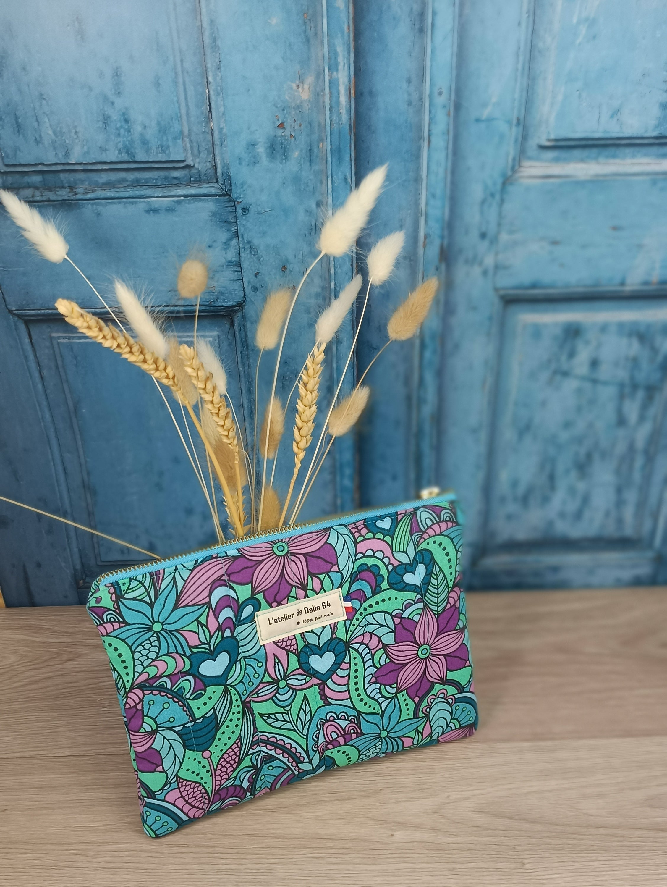 Pochette plate matelassé - BOHO - Orchidée bleue