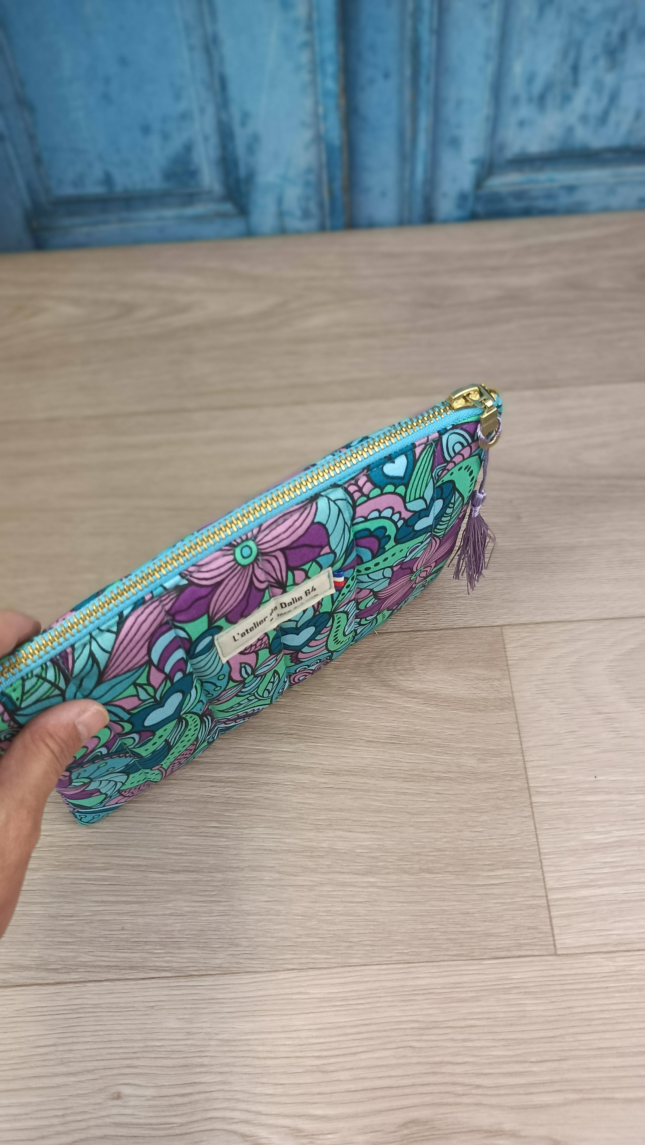 Pochette plate matelassé - BOHO - Orchidée bleue
