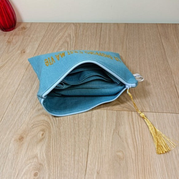 Sac cabas et pochette zippée en lin personnalisée par un flex -Le shopping c'est ma vie