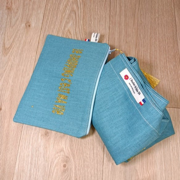 Sac cabas et pochette zippée en lin personnalisée par un flex -Le shopping c'est ma vie