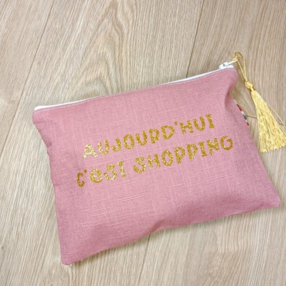 Sac cabas et pochette zippée en lin personnalisée par un flex - Aujourd'hui c'est shopping