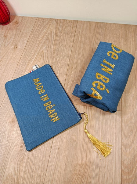 Sac cabas et pochette zippée en lin personnalisée par un flex - Made in Béarn
