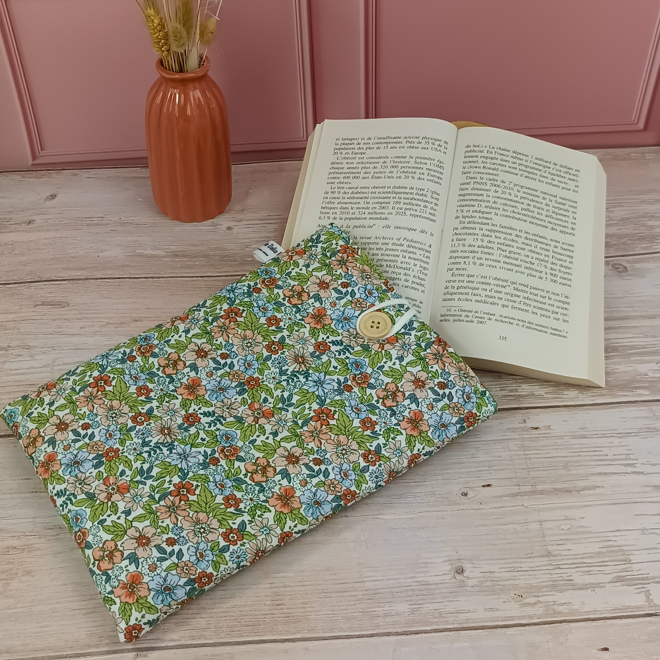 Pochette livre tissu Fleuri vert