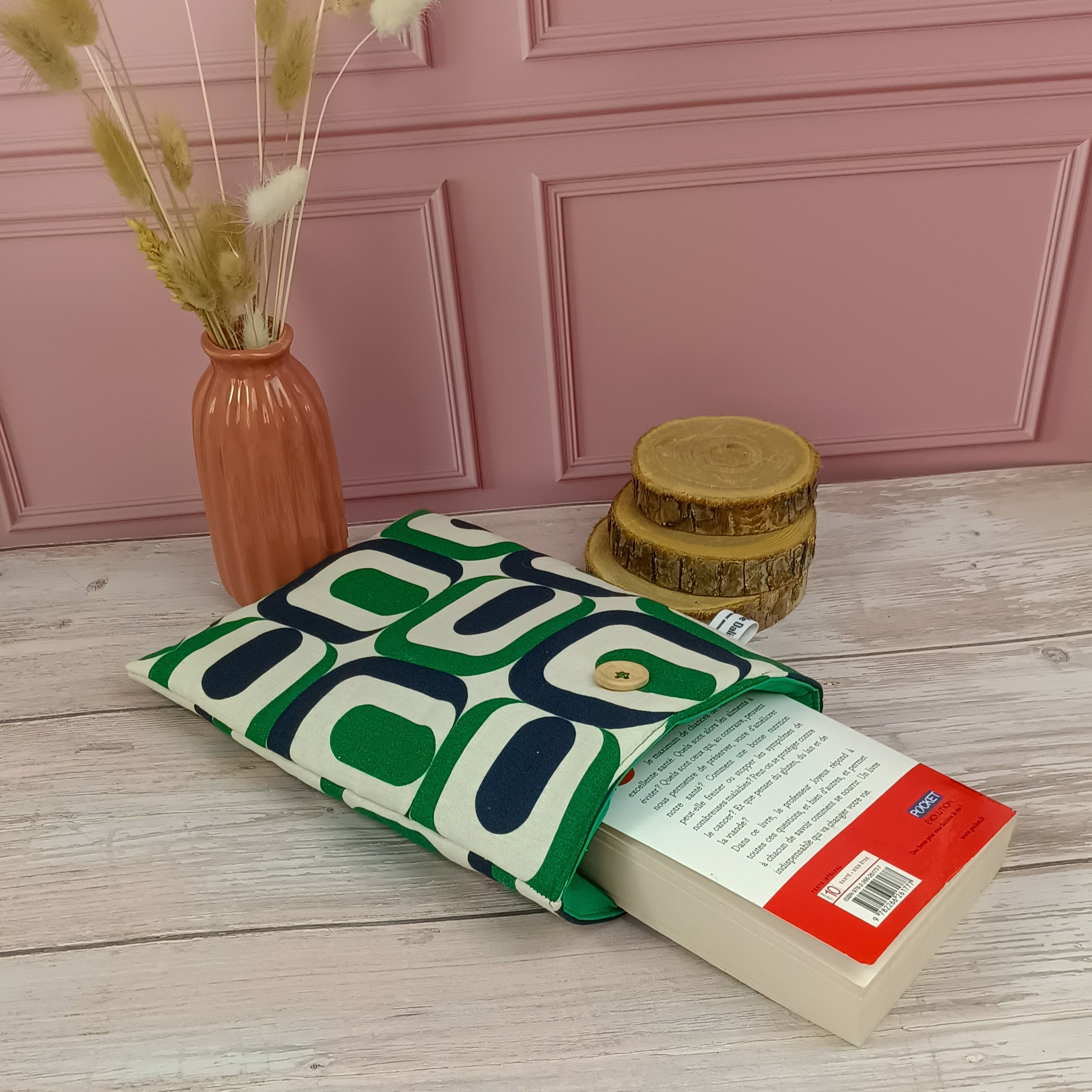 Pochette livre tissu seventies vert
