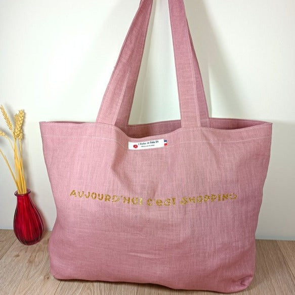 Sac cabas et pochette zippée en lin personnalisée par un flex - Aujourd'hui c'est shopping