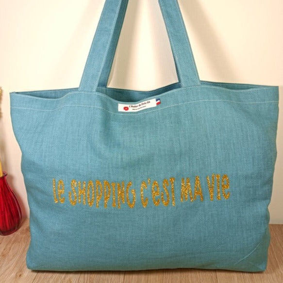 Sac cabas et pochette zippée en lin personnalisée par un flex -Le shopping c'est ma vie