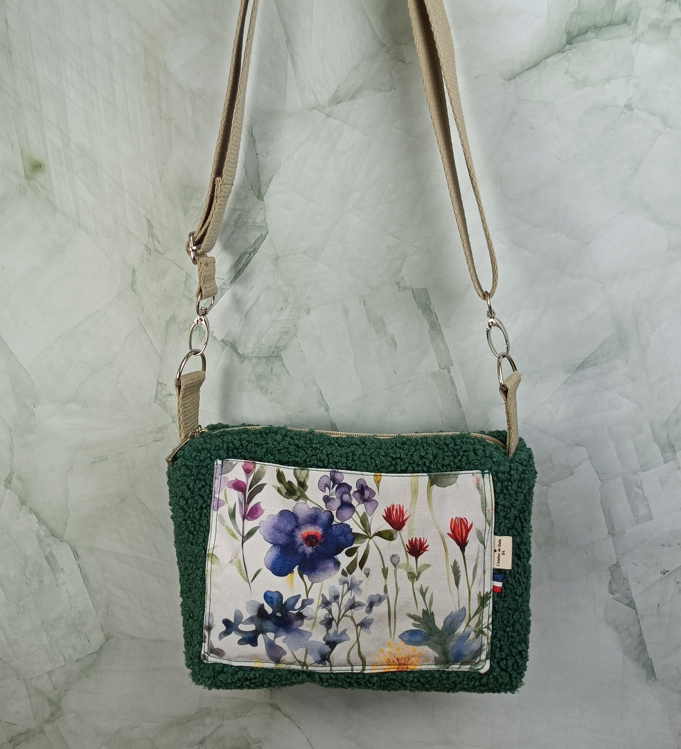 Sac bandoulière réglable sherpa vert foncé- coquelicot