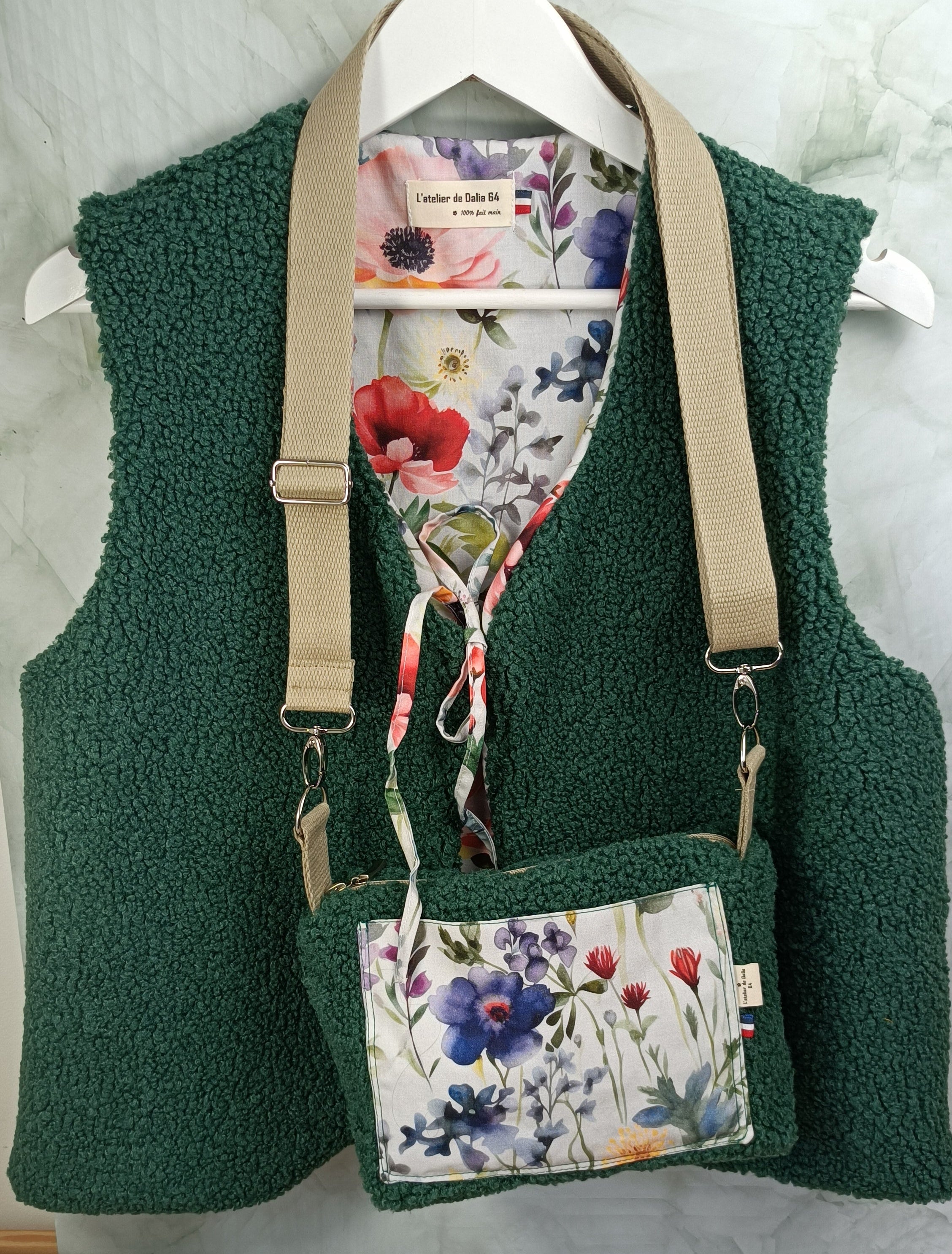 Sac bandoulière réglable sherpa vert foncé- coquelicot