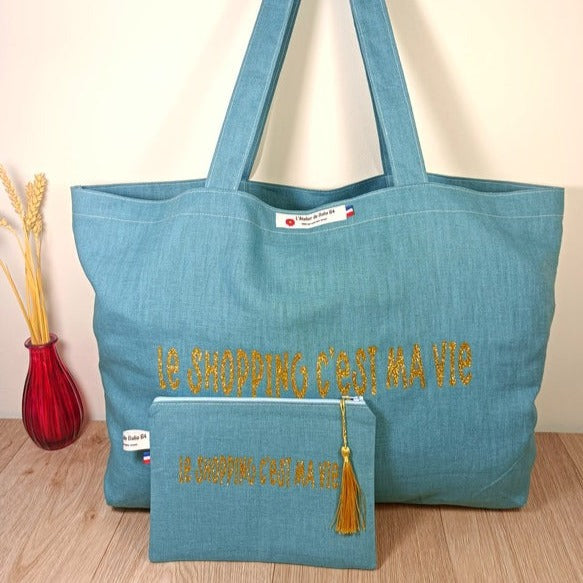 Sac cabas et pochette zippée en lin personnalisée par un flex -Le shopping c'est ma vie