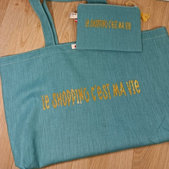 Sac cabas et pochette zippée en lin personnalisée par un flex -Le shopping c'est ma vie