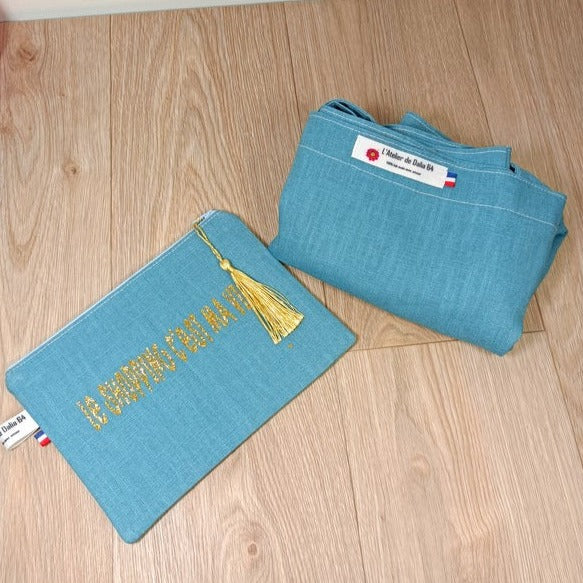Sac cabas et pochette zippée en lin personnalisée par un flex -Le shopping c'est ma vie
