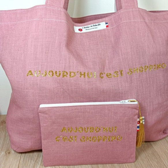 Sac cabas et pochette zippée en lin personnalisée par un flex - Aujourd'hui c'est shopping