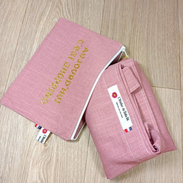 Sac cabas et pochette zippée en lin personnalisée par un flex - Aujourd'hui c'est shopping