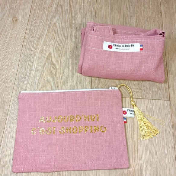 Sac cabas et pochette zippée en lin personnalisée par un flex - Aujourd'hui c'est shopping