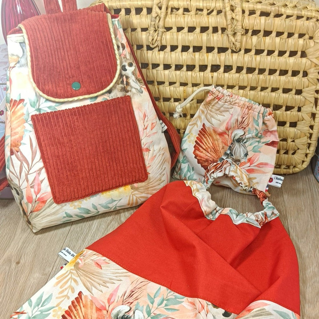 Serviette cantine élastique lavable avec son pochon assorti - Tropicale terra