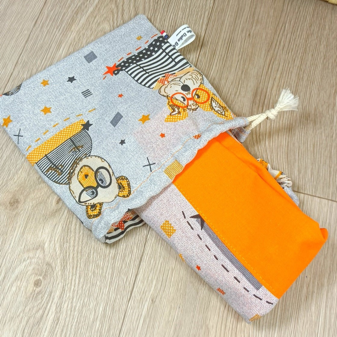 Serviette cantine élastique lavable avec son pochon assorti - Chien ours