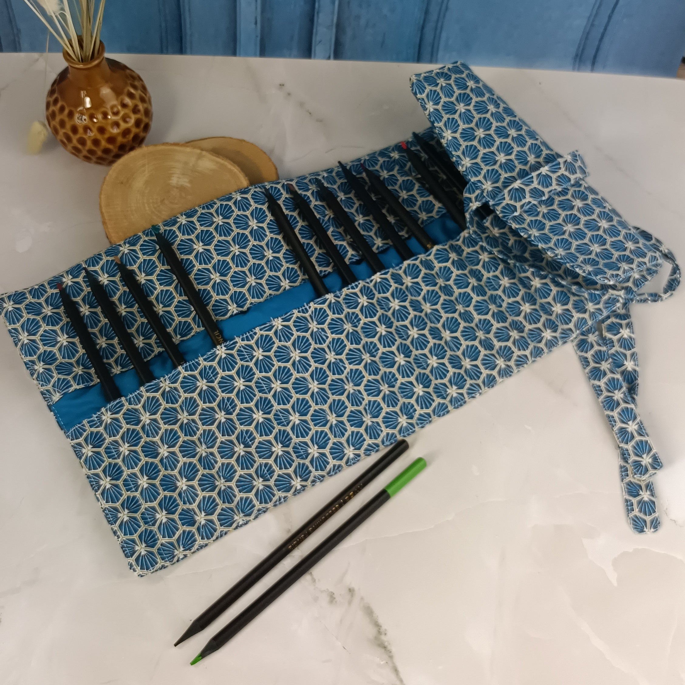 Trousse crayons ou feutres à rouler - Riad turquoise