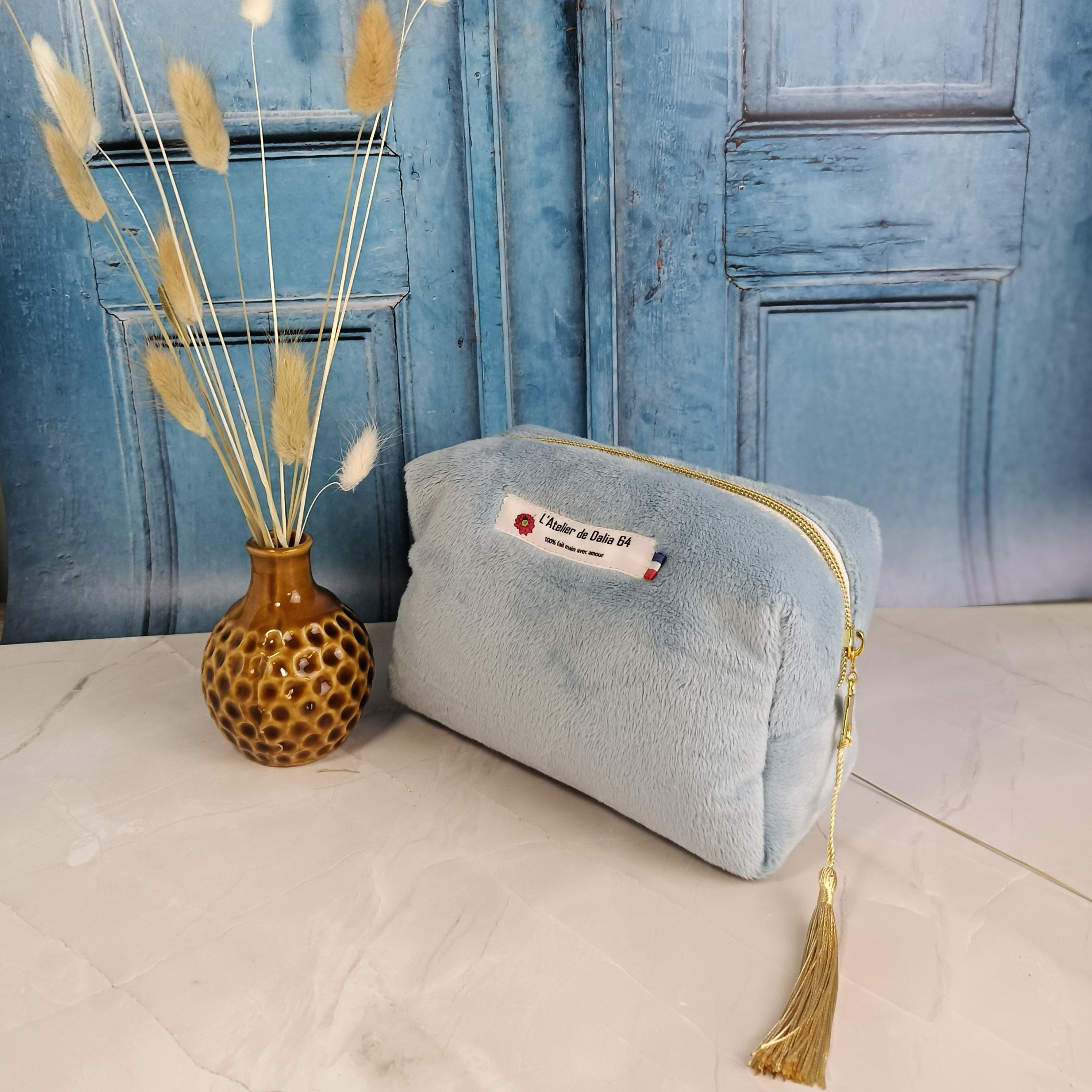 Trousse maquillage bleu imprimé riad bleu ciel