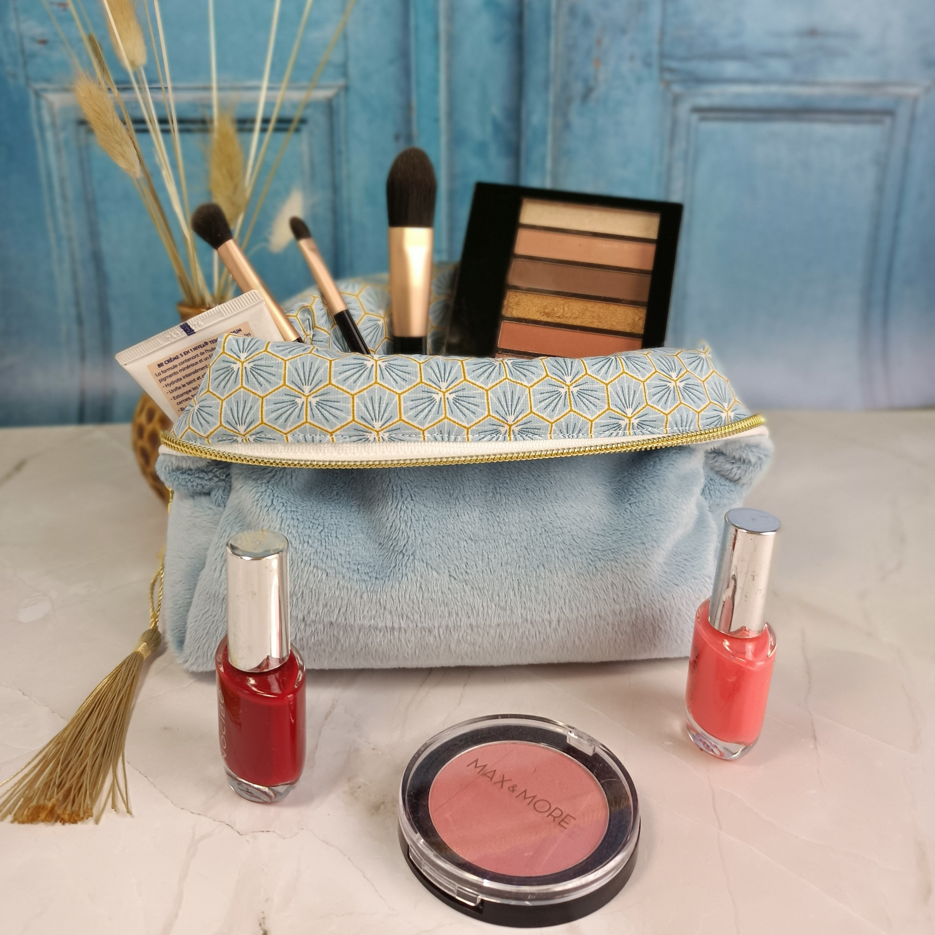 Trousse maquillage bleu imprimé riad bleu ciel