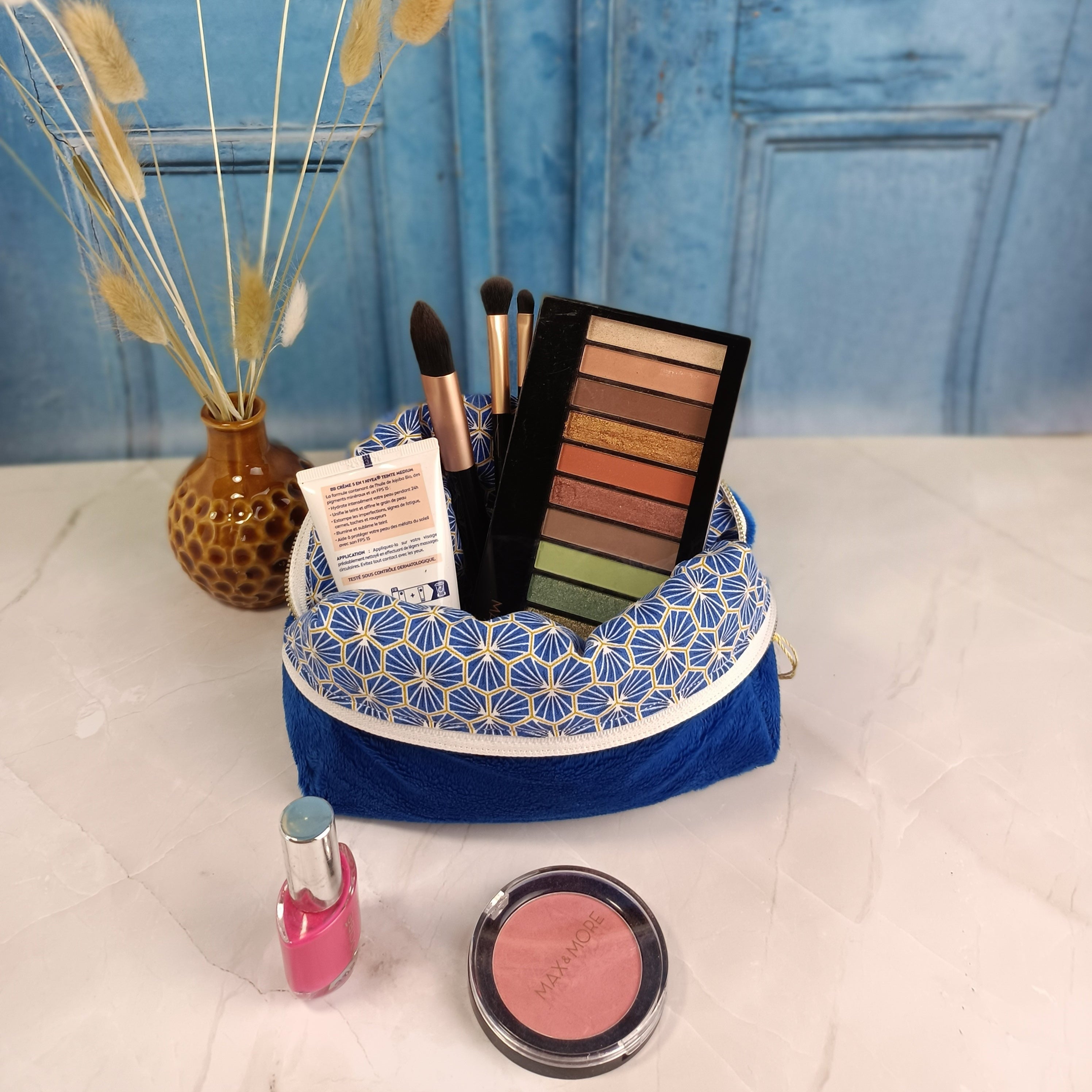 Trousse maquillage bleu roi imprimé riad bleu roi