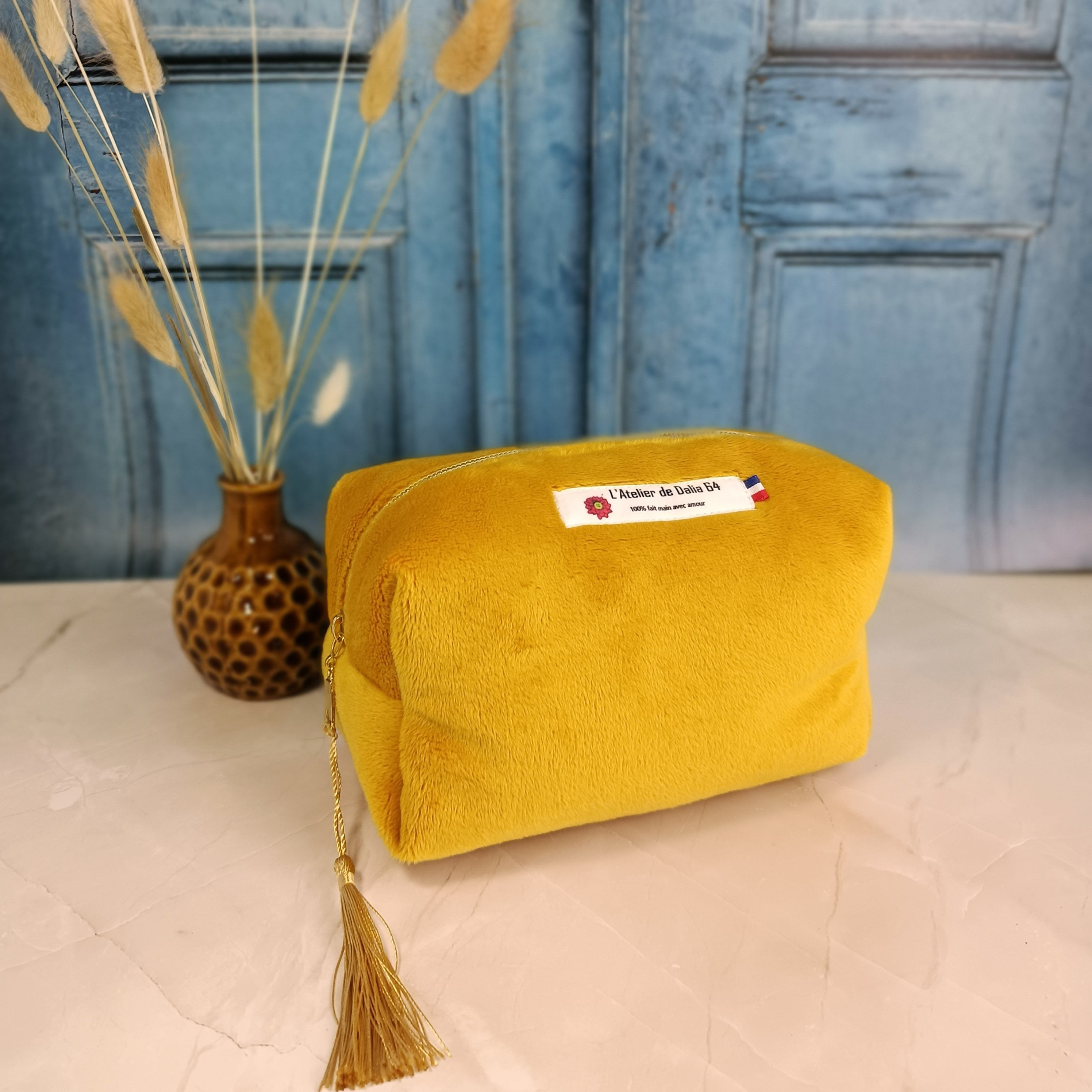 Trousse maquillage moutarde imprimé twist jaune
