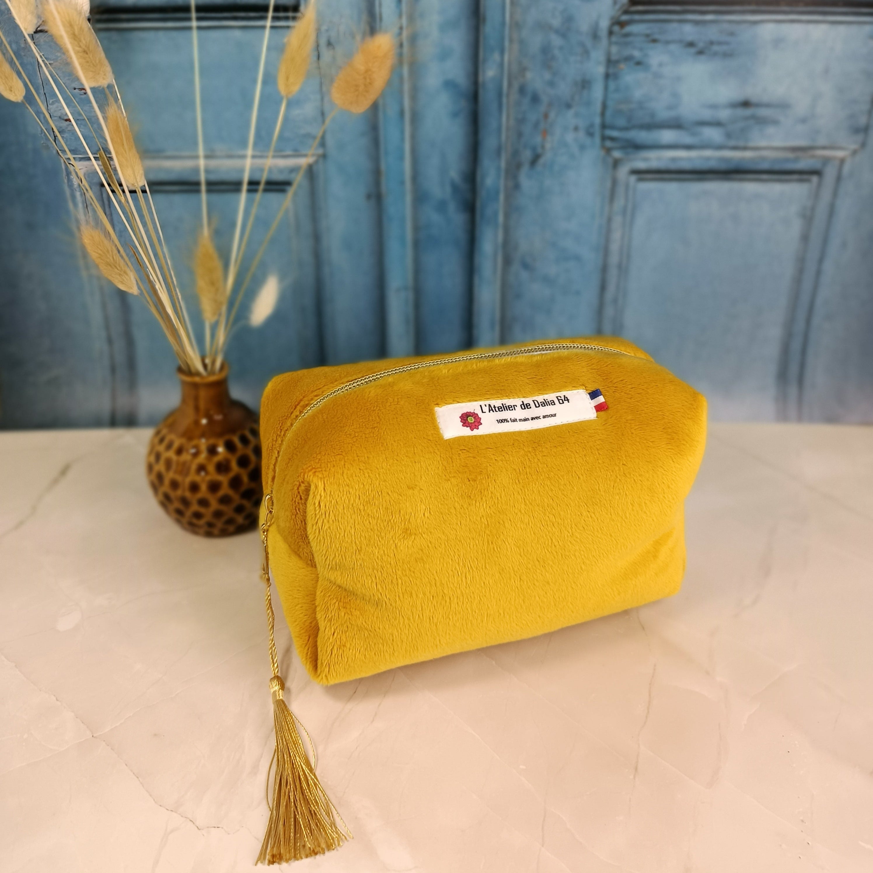 Trousse maquillage moutarde imprimé twist jaune