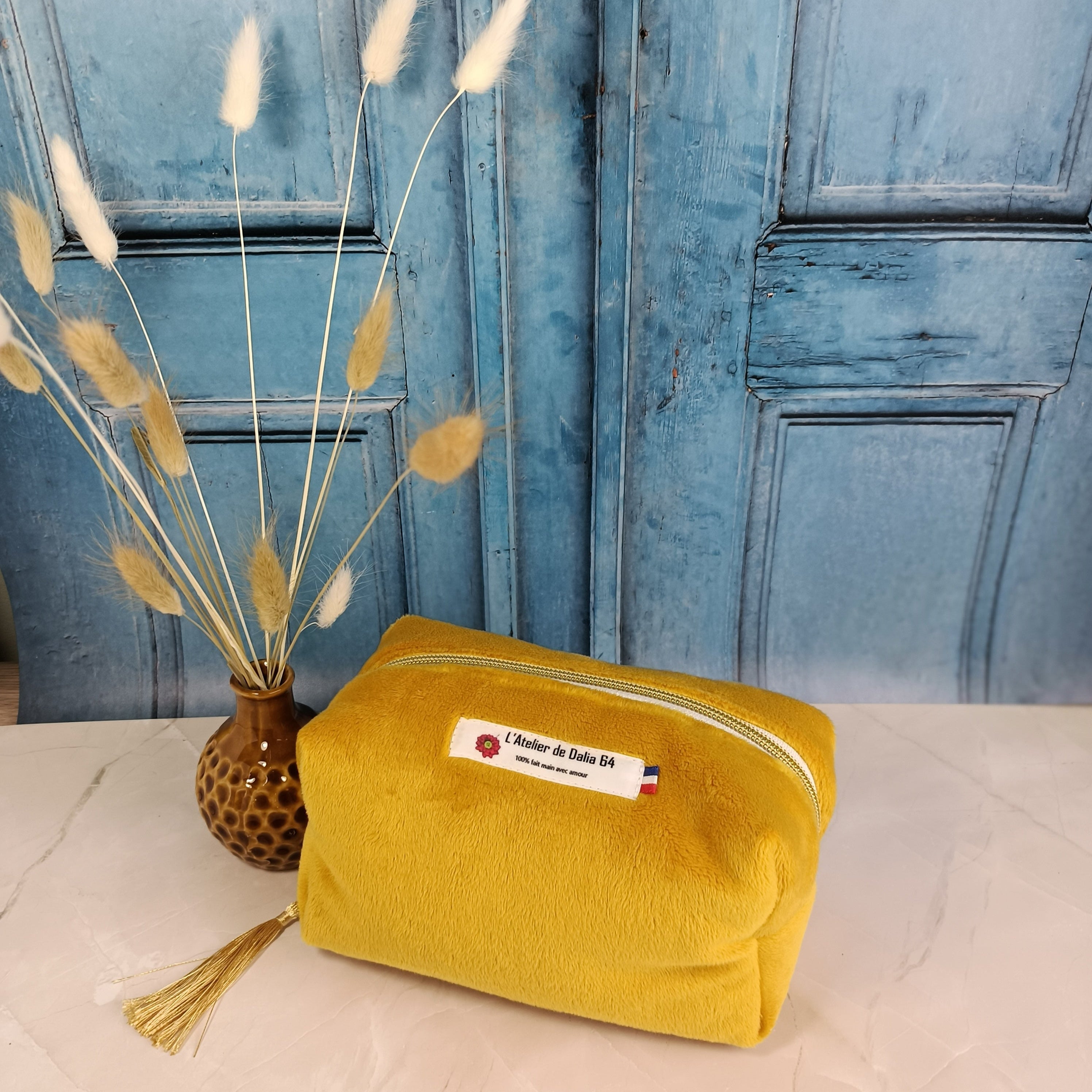 Trousse maquillage moutarde imprimé twist jaune