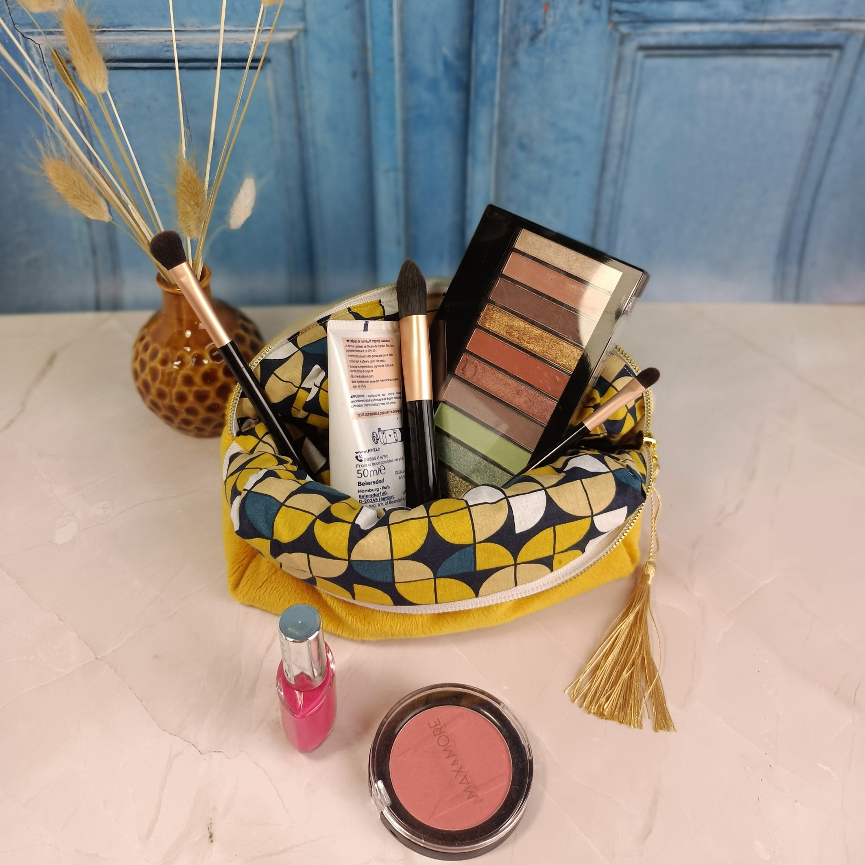 Trousse maquillage moutarde imprimé twist jaune