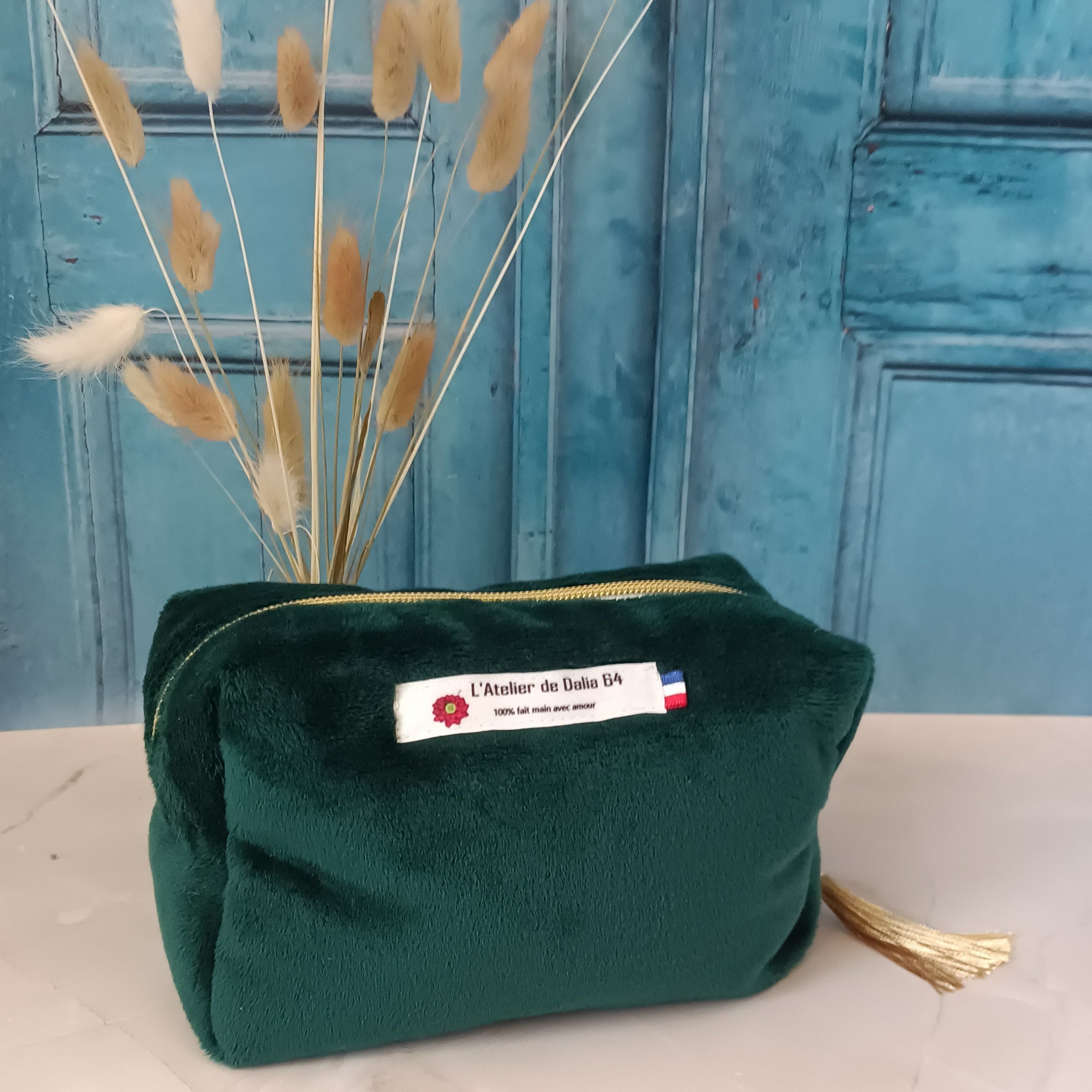 Trousse maquillage vert sapin imprimé glycine jaune