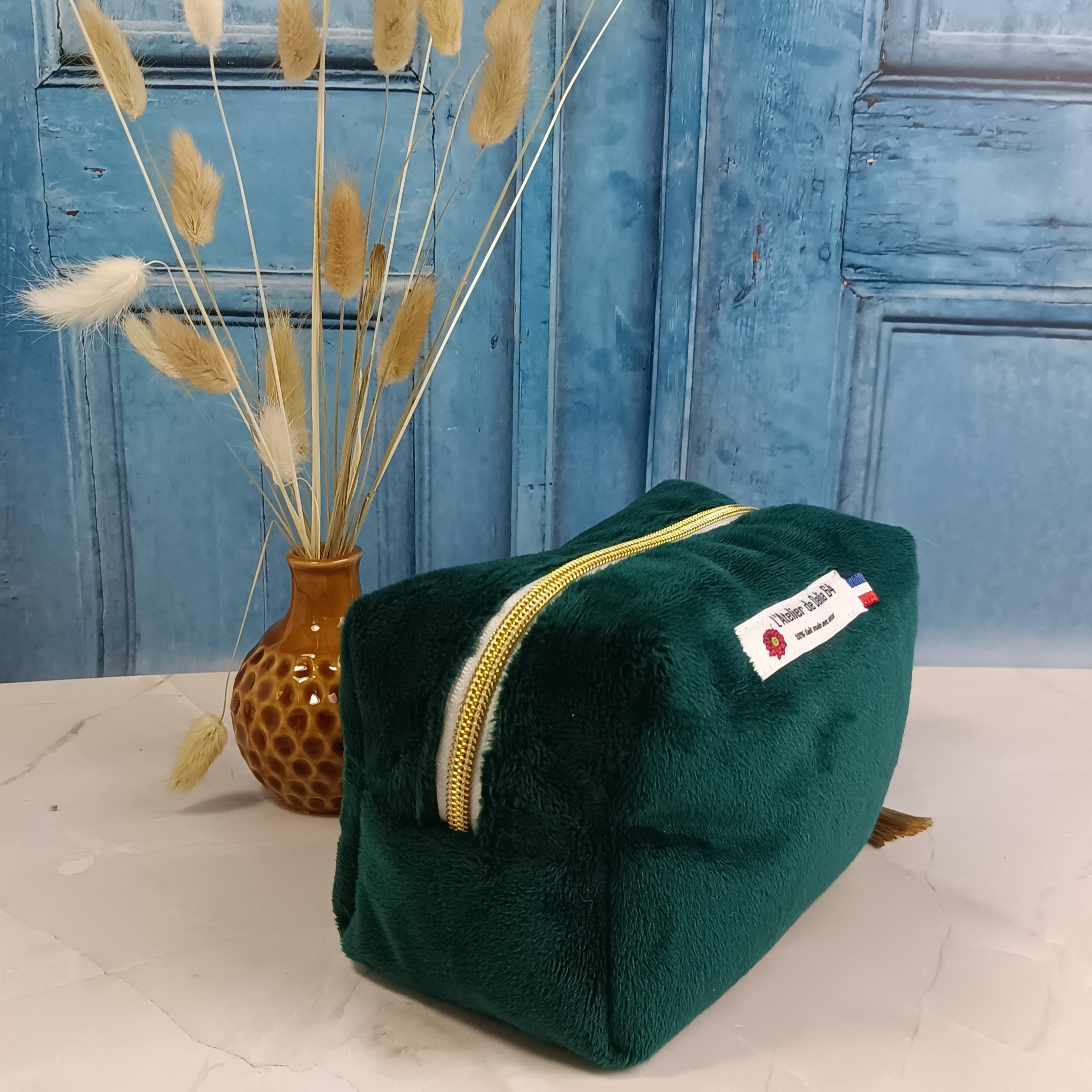 Trousse maquillage vert sapin imprimé glycine jaune
