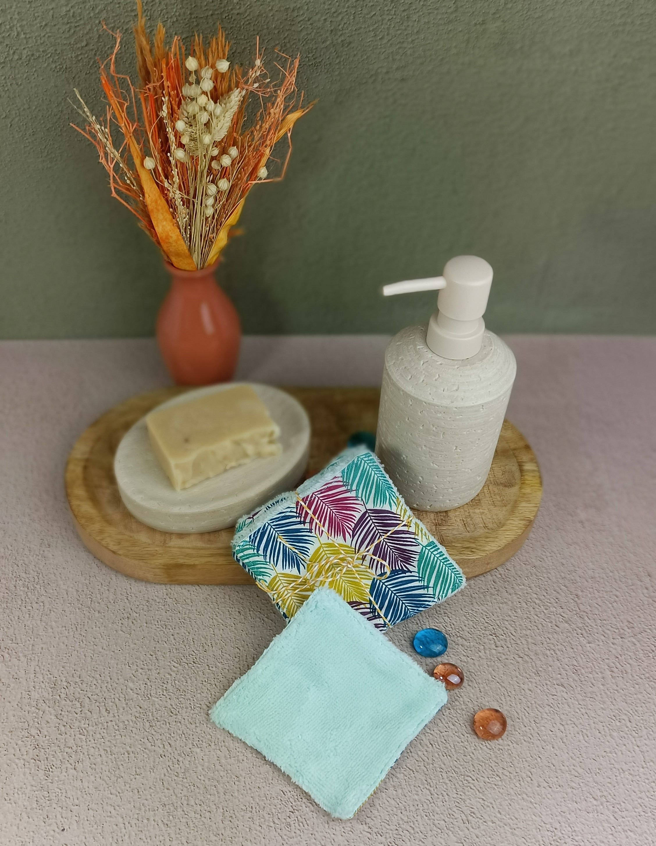 lingettes lavables en éponge bambou feuillage vert