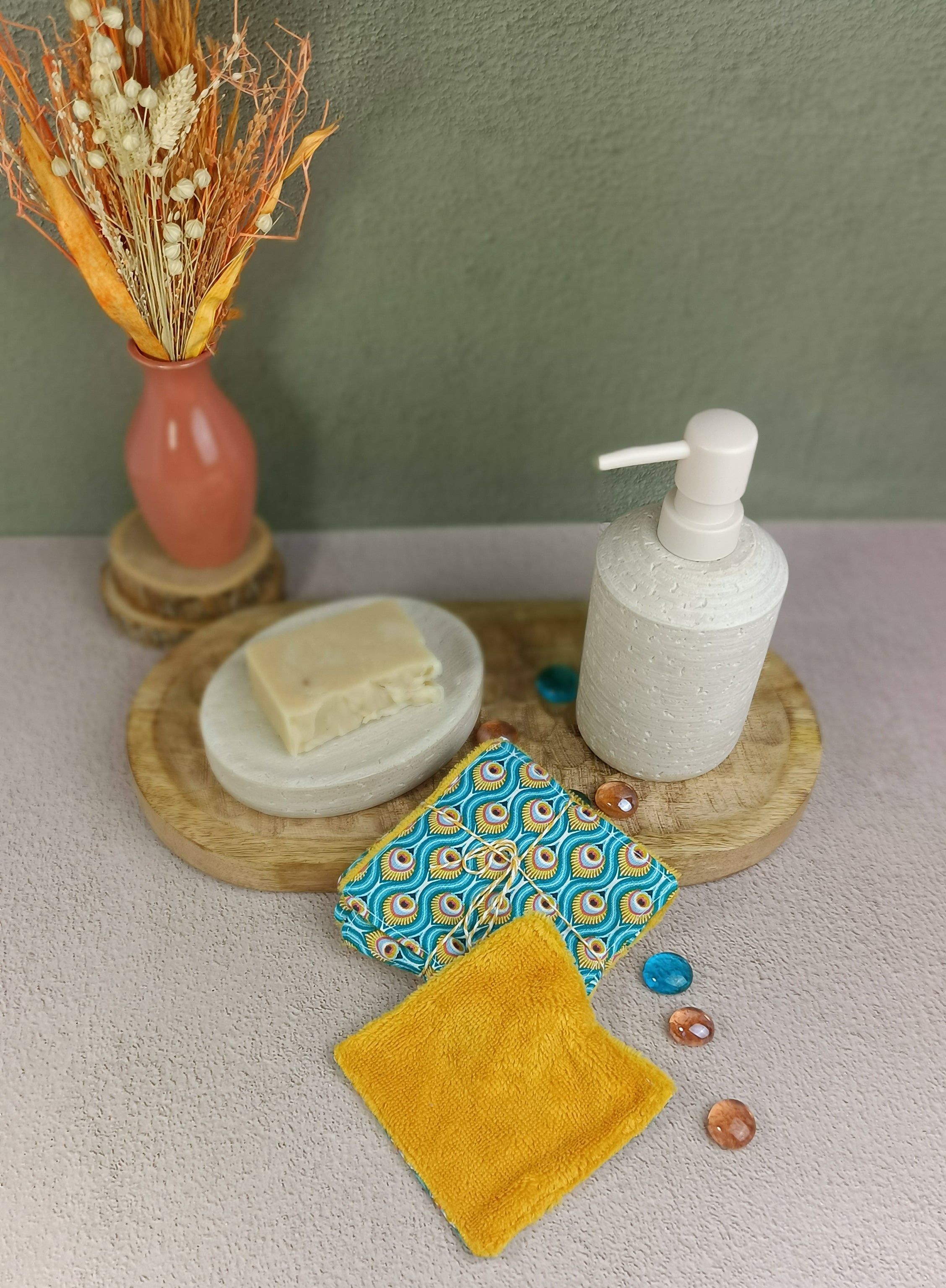 lingettes lavables en éponge bambou paon bleu