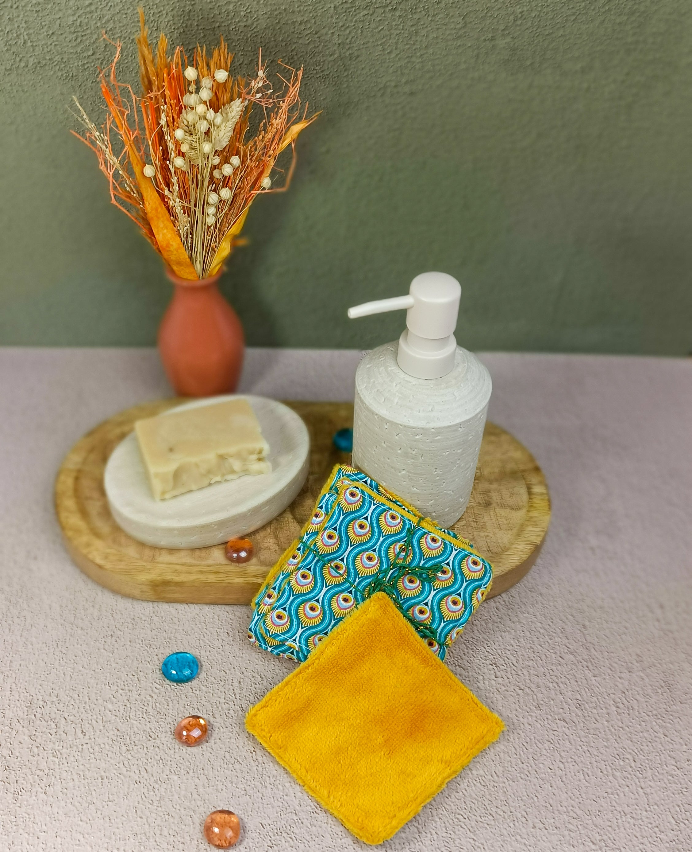 lingettes lavables en éponge bambou paon bleu