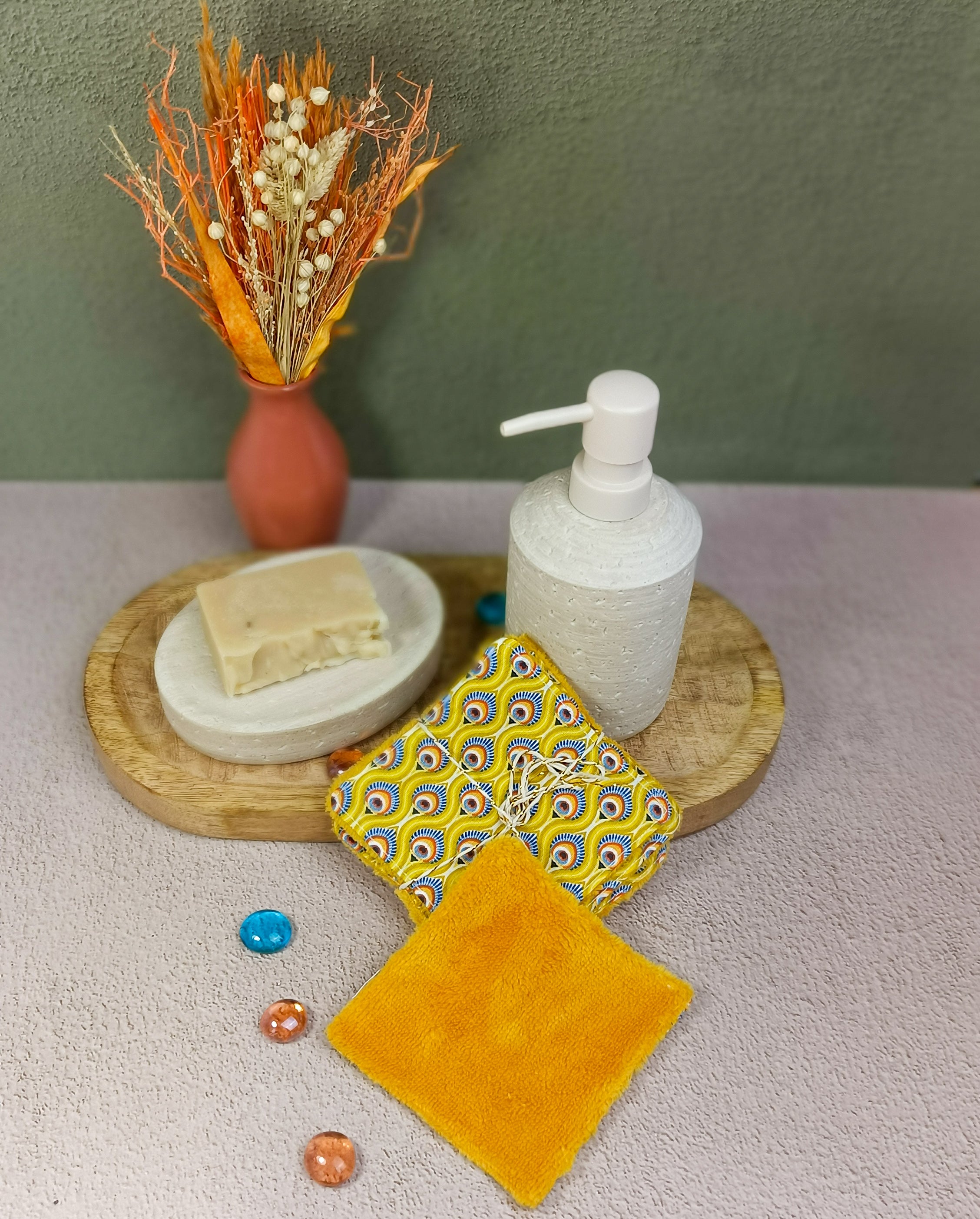 lingettes lavables en éponge bambou paon jaune