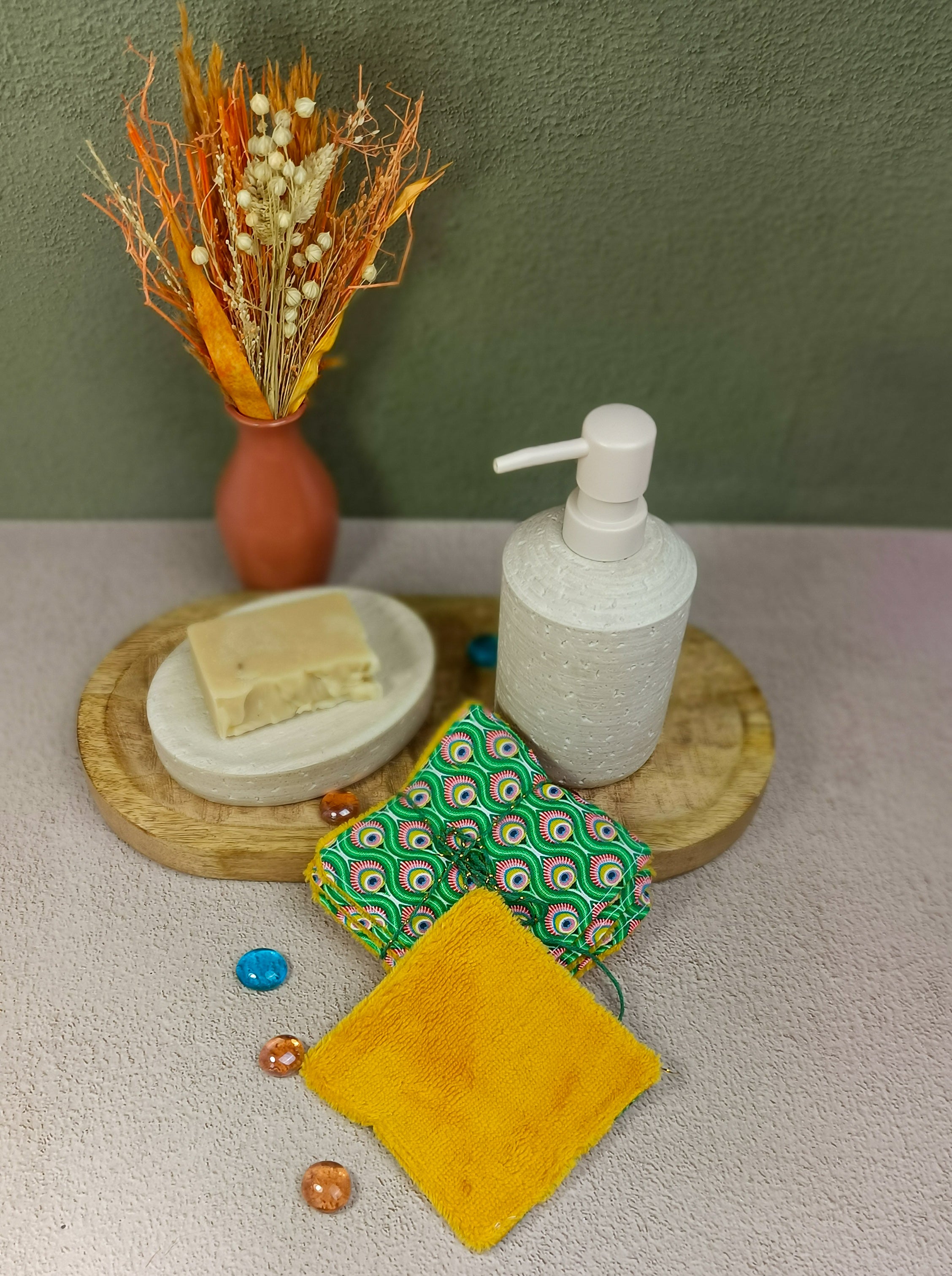lingettes lavables en éponge bambou paon vert
