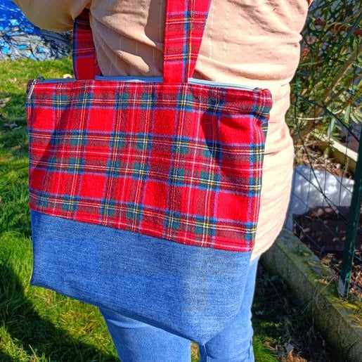 Sac cabas zippé - Ecossais & Jeans - upcycling