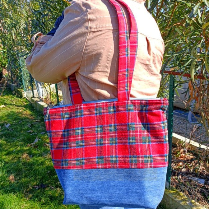 Sac cabas zippé - Ecossais & Jeans - upcycling