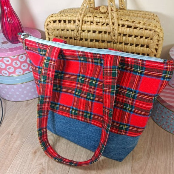 Sac cabas zippé - Ecossais & Jeans - upcycling