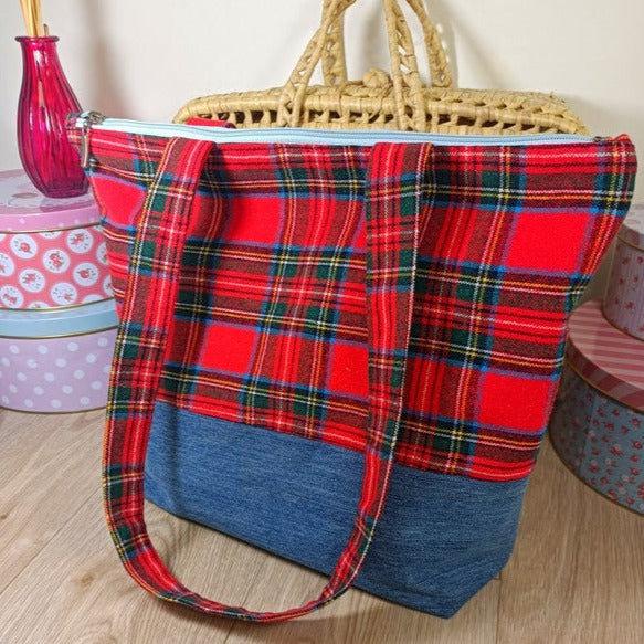 Sac cabas zippé - Ecossais & Jeans - upcycling