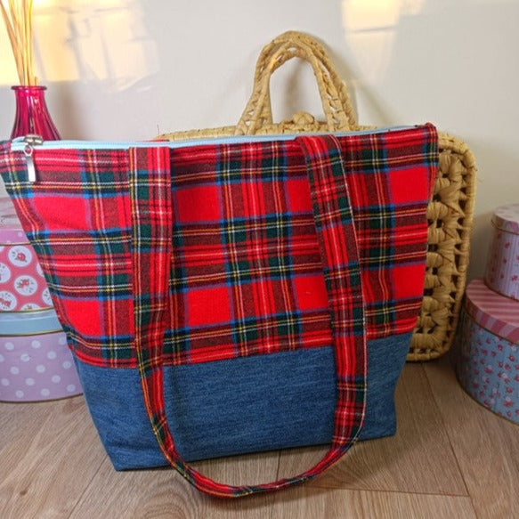 Sac cabas zippé - Ecossais & Jeans - upcycling