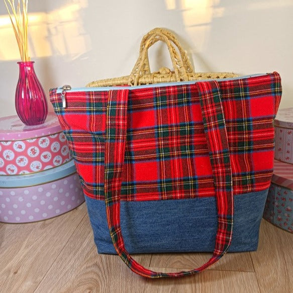 Sac cabas zippé - Ecossais & Jeans - upcycling