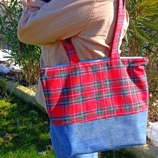 Sac cabas zippe Ecossais Jeans upcycling