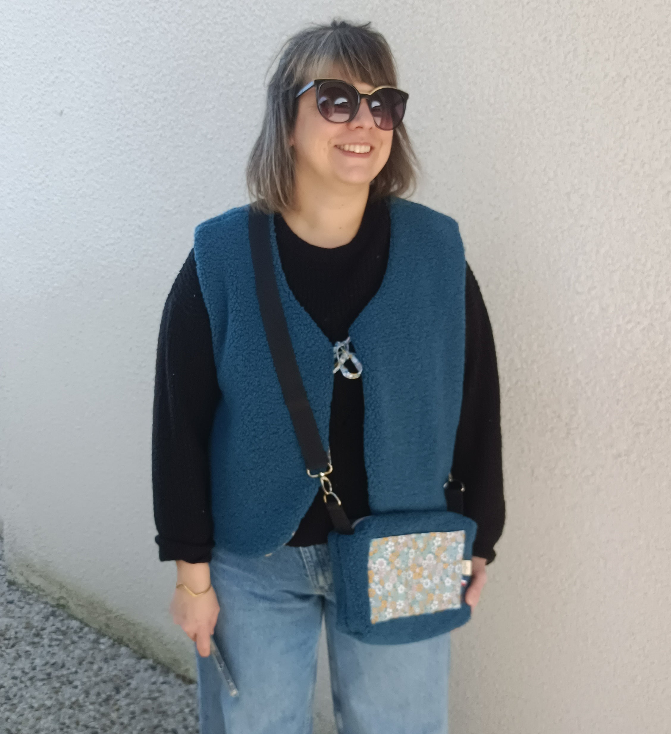 Gilet berger adultes sherpa bleu petites fleurs 46