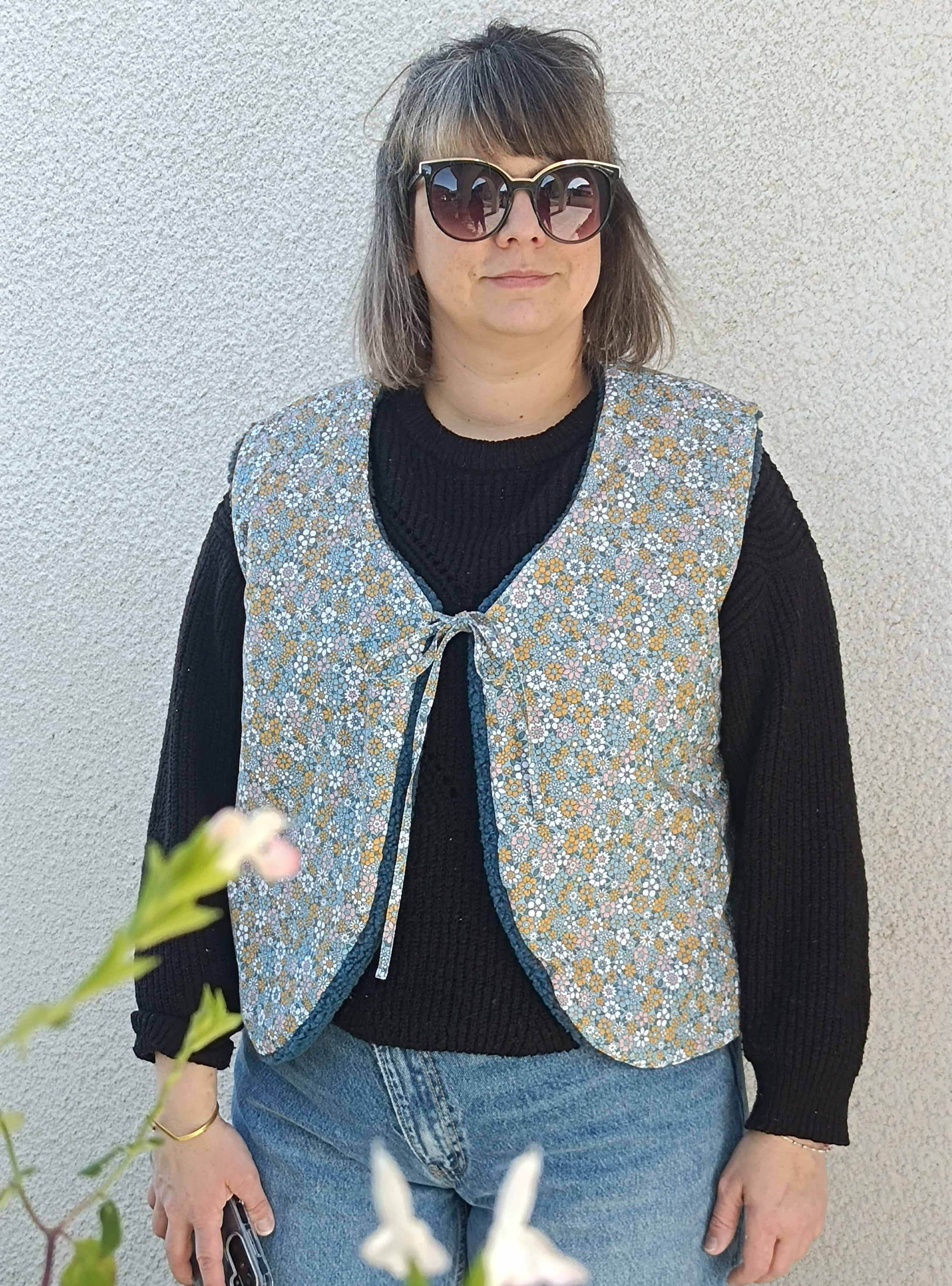 Gilet berger adultes sherpa bleu petites fleurs 46